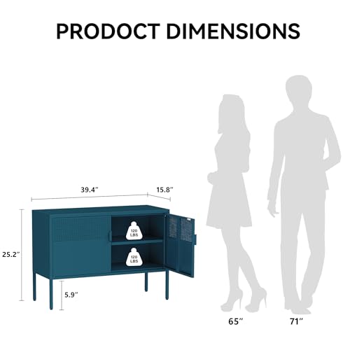 Image of COFaR TV Stand for TVs up to 75 Inch, 40 Inch Media Console with Ventilation Doors, Metal Entertainment Center with Adjustable Shelves & 120Lbs Storage for Living Room & Bedroom, Peacock Blue