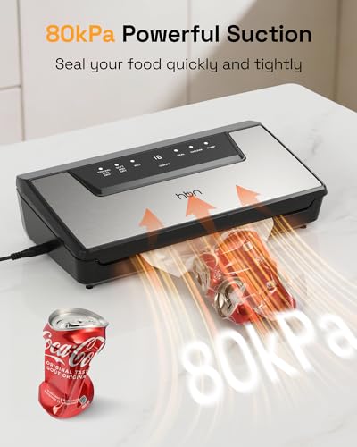 Image of HBN Food Vacuum Sealer Machine, 80kPa Automatic Vacuum Sealer for Dry & Moist Food, Hands-Free Lid, Stainless Steel, Built-in Cutter & Bag Storage, Includes 1 Roll & 20 Bags