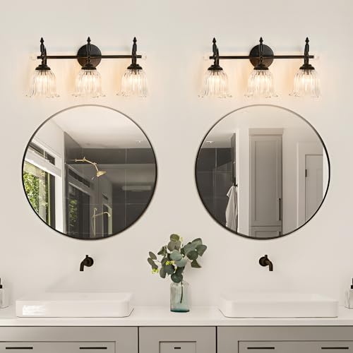 Image of CVKASH 3-Light Bathroom Vanity Light Fixtures Over Mirror,Black Modern Vanity Light with Glass Shade Vintage Wall Sconce for Bedroom Dressing Room Living Room Hallway Cabinet