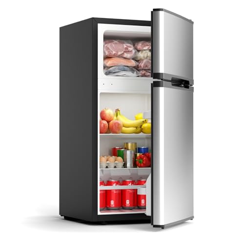 Image of COWSAR 2.5 Cu.Ft Mini Fridge with Freezer, Double Reversible Door Compact Apartment Refrigerator with 2 Removable Shelves, Commercial Dorm Fridge for Bedroom, Office, Kitchen, Dorm, Silver