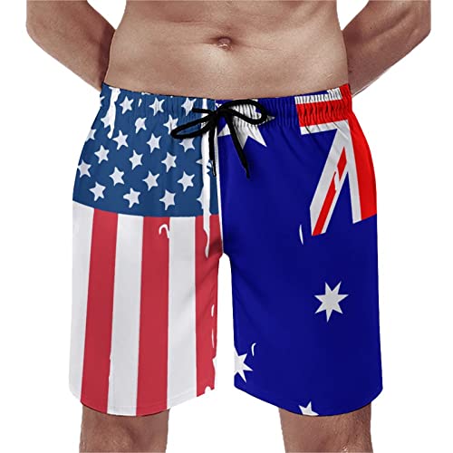 Mens Quick Dry Swim Trunks, Funny Printed Boardshorts, American Australian Flag, Boy Teen Stylish Swimwear Bathing Suits