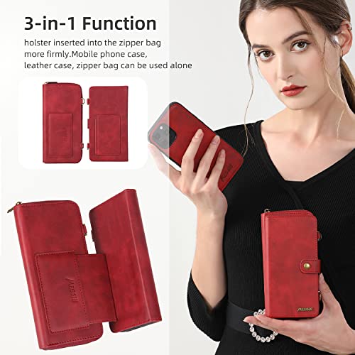 Ysw Wallet Case For Samsung Galaxy A32 5G, Multi-Function Zipper Leather Magnetic Pocket Wallet Case Detachable Flip Protective Cover With Card Slots Holder And Crossbody Shoulder Strap (Red) #TOP2