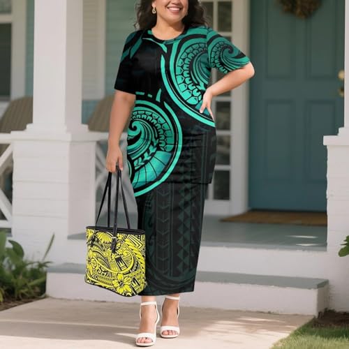 Image of Puletasi Samoan Traditional 2 Piece Outfits for Women Short Sleeve Crop Top and Maxi Skirt Sets Puletasi Dress