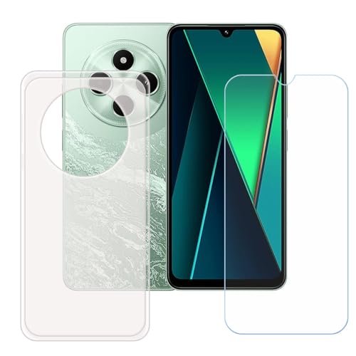 LCEHTOGYE 適用 Poco C75 +強化ガラススクリーンプロテクター用ケース、適用 Poco C75 (6,88")と互換性のある半透明のソフトTPUシリコンゲルケース保護カバー