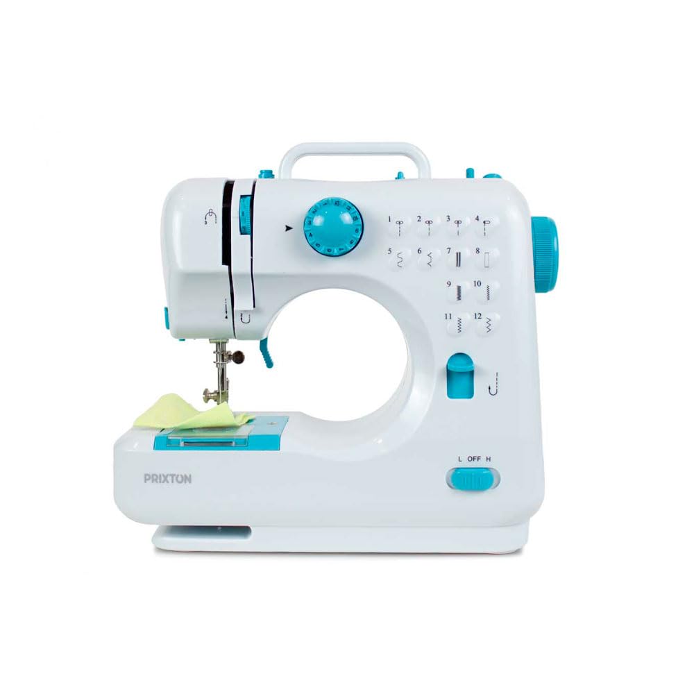 PRIXTON P110 - Mini Maquina de Coser Portatil con Cajón para Accesorios, Lámpara Integrada y 12 Tipos de Puntadas Diferentes, Incluye Pedal, Dimensiones 26x25x11.5 cm (Reacondicionado) (Azul)