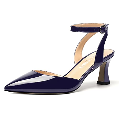 SKYSTERRY Women's Patent Ankle Strap Slingback Wedding Buckle Pointed Toe Casual Spool Mid Heel Pumps Shoes 2.5 Inch