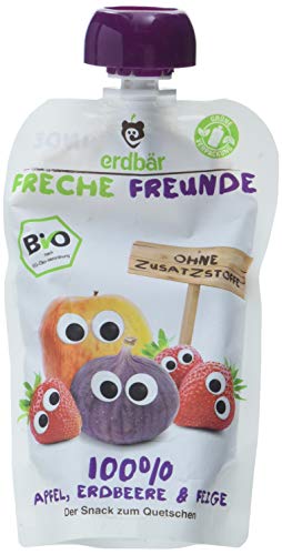 FRECHE FREUNDE Bio Quetschie Apfel, Erdbeer & Feige, Fruchtmus im Quetschbeutel für Babys ab 1. Jahr, glutenfrei & vegan, 6-er Pack (6 x 100g)