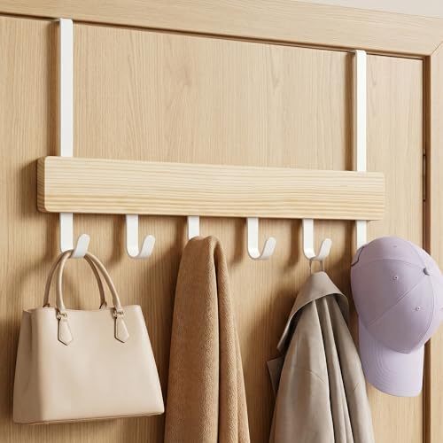 Peasulin Wood & Metal Over the Door Hooks, Sturdy 11IN Over the Door Hook Rack, 6 Door Hooks for Hanging, Door Hanger, Door Towel Rack for Bathroom Bedroom Closet Entryway (Natural Wood) by Peasulin - Used condition - US$16.99
