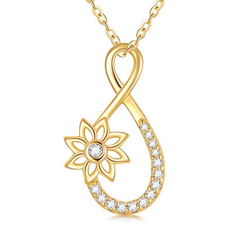 14K Solid Yellow Gold Infinity Necklace with Sunflower Pendant, You are My Sunshine Necklace Fine Jewelry Gift for Women Girls 16-18 inch