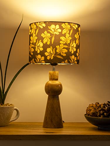 Image of Green Girgit Wooden Skirt Lamp with Multicolor Black Floral Shade