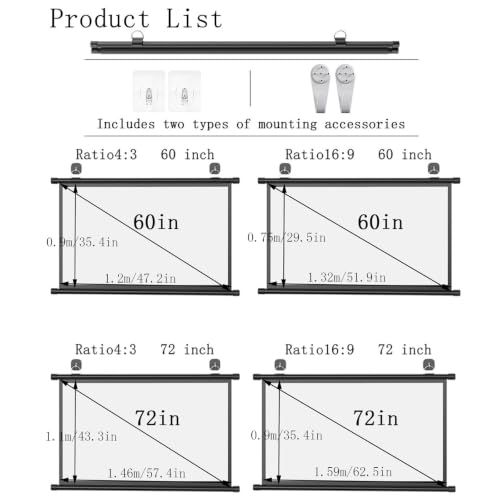 Pantalla de proyección portátil 16:9/4:3, 72 pulgadas, pantalla de película 4K HD, manual enrollable, sin arrugas, fácil almacenamiento y portabilidad miniatura 7