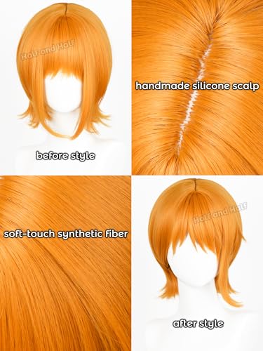 Image of Half and Half Short Orange Anime Wig for Women Vibrant Orange Cosplay Female Wig with Bangs Pirate Costume Wigs for Halloween Party Daily