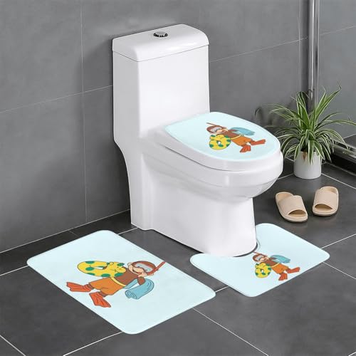 バスマット おさるのジョージ かわいい アニメ トイレマット 3点セット 便座カバー フタカバー 人気 漫画 足ふきマット 暖房 ふんわり 滑り止め 吸水 洗える 抗菌 防臭