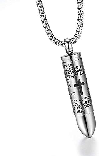 English Lord's Prayer Stainless Steel Cross Bullet Pendant Necklace for Men, 22" Chain