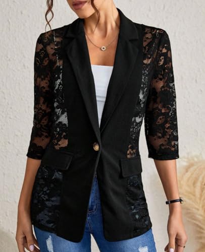 MINTLIMIT Women's Lace Blazer Open Front Button Down Sheer Mesh Blazer Elegant 3/4 Sleeve Casual Blazers Jacket2