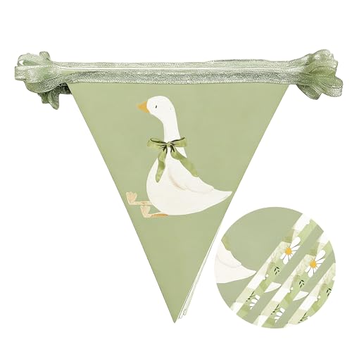Image of 30 Ft Silly Goose Party Decorations Sage Green Buffalo Plaid Floral Daisy Pennant Banner Flag Hanging Paper Triangle Bunting for Silly Goose Birthday Wedding Shower Neutral Party Decorations Supplies