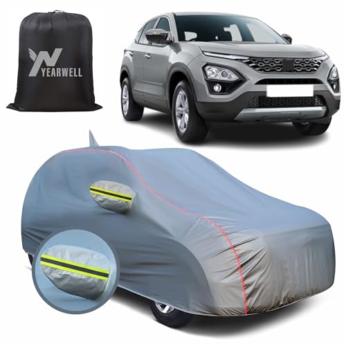 Image of Car Body Cover for Tata Harrier, 100% Waterproof, Heat-Resistant with Mirror & Antenna Pockets, Soft Cotton Lining, Triple Stitched, Green Reflector (Metallic Grey)