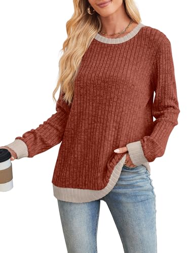 Sampeel Womens Tops Long Sleeve Shirts Lightweight Sweaters Loose Fit Crewneck Color Block Fall Fashion Outfits - Image 3