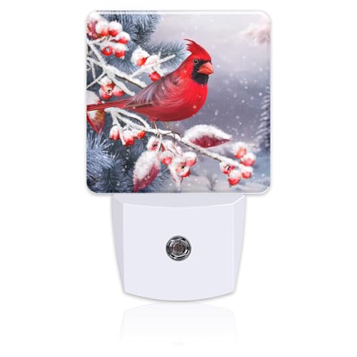 Image of Winter Red Cardinal Bird Night Light for Kids,Christmas Pine Tree Snow Cardinal Night Light Plug in with Dusk to Dawn Sensor,0.5w Energy Saving Nightlight for Hallway Stairway Kitchen Bedroom