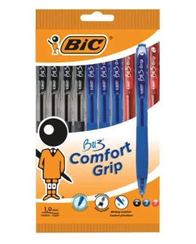 Bic - Bolígrafos Retráctiles Bu3 Grip Colores Azul, Negro Y Rojo En Oferta Bic Bu3 Comfort Grip - Retractable Ball Pens - 4 Black, 3 Blue, 3 Red