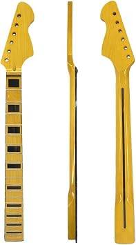 Maple wood Electric Guitar Neck replacement for 22 Frets, 25.5" Scale, Bolt-On heel, Yellow Gloss Finish Black block inlay