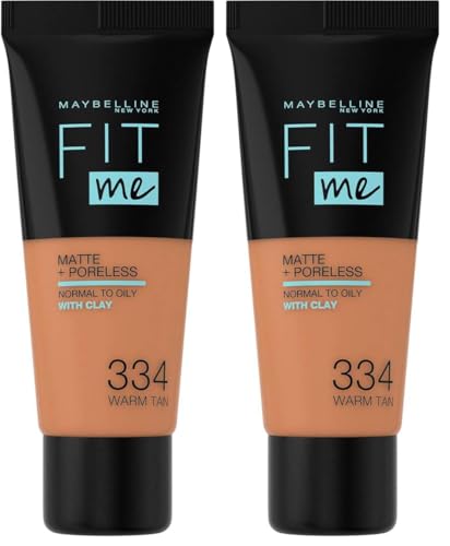 Maybelline New York, Base de Maquillaje que Calca a tu Tono Fit me! Mate y Afinaporos, Color: 334 Warm Tan (Paquete de 2)