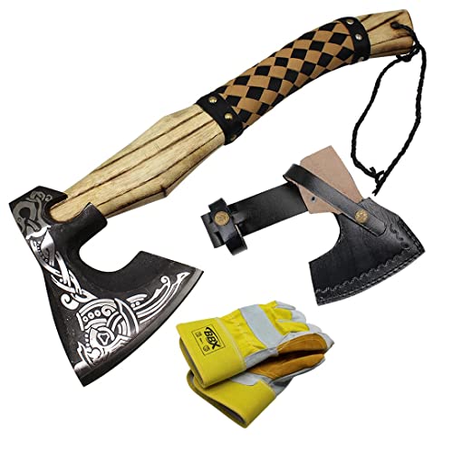 BBX Damascus Viking Axe with Leather Sheath Camping Throwing Hand ...