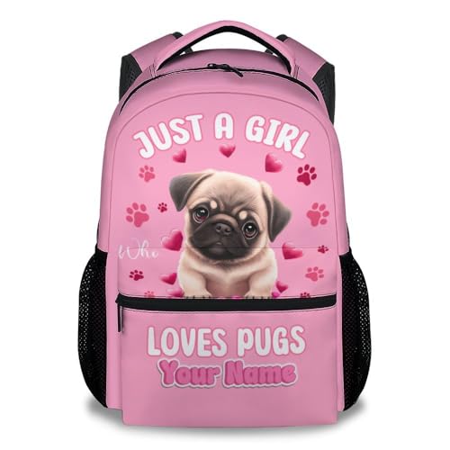 COZYAURA Personalized Backpack for Girls - 17 Inch Pug Backpack for Kids - Lightweight Dog Theme Bookbag for Dog Lovers - Pink School Bag for Elementary