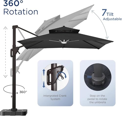 Image of 10' X 13' Patio Umbrella with Weighted Base and LED Lights Outdoor Cantilever Large Rectangle Offset Umbrellas Heavy Duty Aluminum Double Top with 360-degree Rotation for Pool Garden Deck, Black