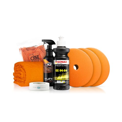 Politurset: Sonax One-Step Politur + Royal Pads Polierpads + Zubehör - Auto Lack Politur, Kratzer entfernen, Aufbereitung | 7-teilig