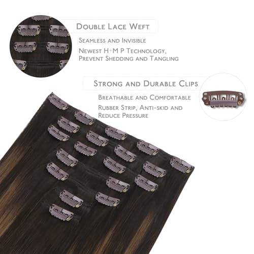 Image of WENNALIFE Clip in Hair Extensions Real Human Hair, 14 Inch 120g 7pcs Dark Brown to Chestnut Brown Balayage Remy Hair Double Weft Reusable