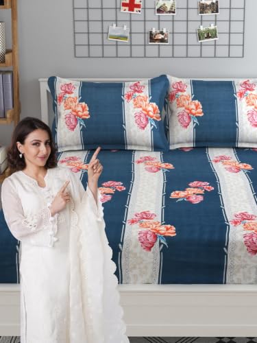 Mafatlal Plush 210 GSM Microfiber Double Bedsheet for Queen Size Bed | 90 x 100 Inches | True Blue | Multicolor Design with 2 Pillow Covers | Soft, Breathable & Fade Resistant