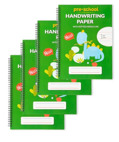 Learning Owl A4 Lined Handwriting Practice Notebook for Kids &ndash; Dotted Midline, Spiral Bind, Pre-K, Kindergarten, 100 Thick Pages (4, Green Dino)