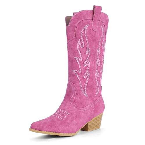 IDIFU Hot Pink Cowgirl Boots Cowboy Boots for Women Western Boots Mid Calf Chunky Low Heel Pointed Toe Embroidered Country Boots Cute Fashion Booties for Women Dress Heeled Boots(Hot Pink, 8)