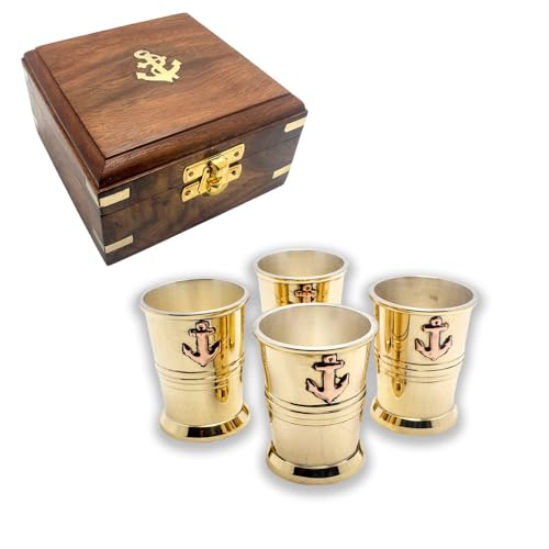 Calyron Set di 4 tazze in ottone nautico con design a ancora, scatola decorativa in legno con raccordi in ottone