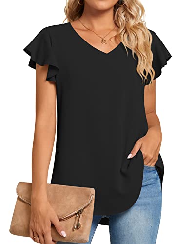 Image of TAOHUADAO Womens Summer Casual Dressy Shirts V Neck Tunic Ruffle Short Sleeve Chiffon Tops Comfy Blouse Large, Black