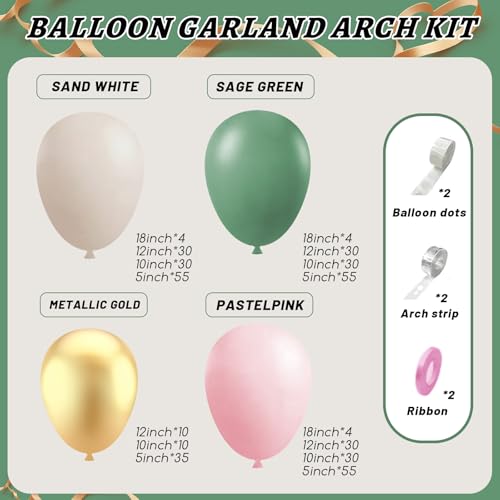 Image of 412Pcs Pink and Green Balloon Garland Arch Kit -Different Sizes 18 12 10 5inch Sage Green and Pink White Sand Gold Different Size Balloons for Girl Birthday Jungle Safari Woodland Party Decorations