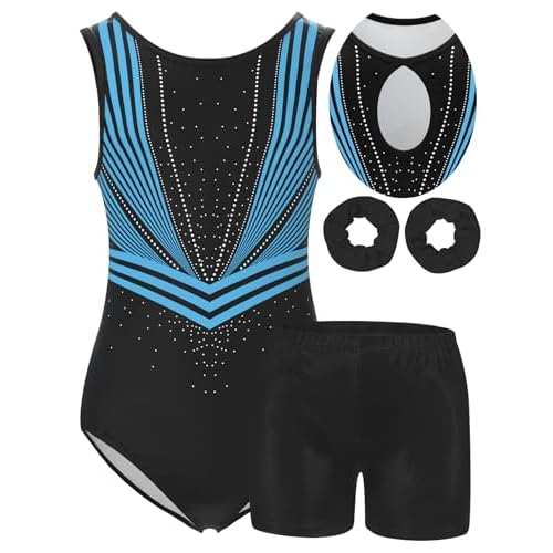 MOLLDAN Girls Gymnastics Leotard Athletic Biketard Unitard Tumbling Activewear Outfits for kids(No diamond) Shiny-blue Set 8Y(8-9 Years)