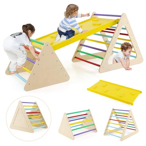 GLACER 5 in 1 Toddler Triangle Set, 3 Piece Montessori Climbing Toys w/Climbing Rock Ramp & 2 Small Triangles, Adjustable Inclinations, Wooden Indoor Climbing Playset for Playground Gym