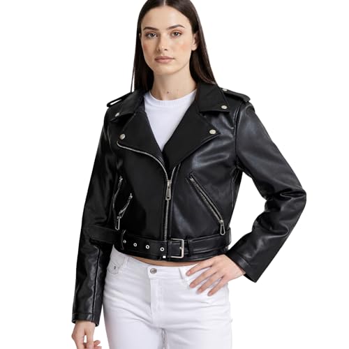 vittorio y Giacca Biker Donna in Ecopelle,Giacchetta Elegante per Motociclista, Giubbino Corto Casual (IT, Testo, M, Regular, Regular, Nero)