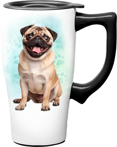 Spoontiques Pug Ceramic Travel Coffee Mug with Lid and Handle - S...
