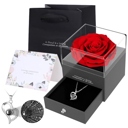 Zynxel Ewige Echte Rose mit Herz Halskette, konservierter Rosenschmuck, echte rote Rosenbox, Schmuck Geschenkbox, Rosenbox Geburtstag, Valentinstag, Hochzeitstag Geschenke für Sie Freundin Frauen