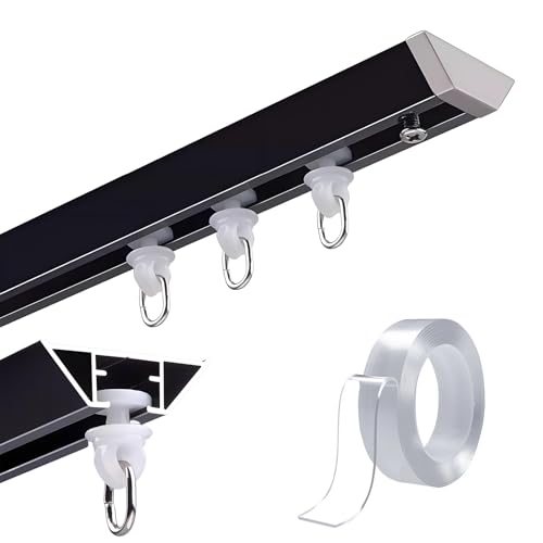 白カーテンレール、粘着式カーテンロッド、アルミニウム、間仕切りロッド、天井付けつっぱり棒用?賃貸住宅 寝室 テラス 暖簾 出窓、穴開け不要、取り付け簡単(黒,360cm/11.8FT)