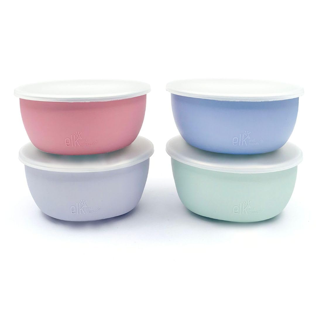 Elk and FriendsKids Stainless Steel Bowls with Silicone Sleeves + Lids | Suitable for Babies/Toddlers | Dishwasher Safe | Non Slip Dinnerware | Snack Dishes | 4 Pack