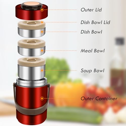 SSAWcasa Thermos for Hot Food, 3 Layered 67oz Adult Stackable Food Jar, Insulated Wide Mouth Sealed Soup Container w/Lunch Bag Cutlery, Stainless Steel Travel Bento Lunch Box for Office Outdoor Meal