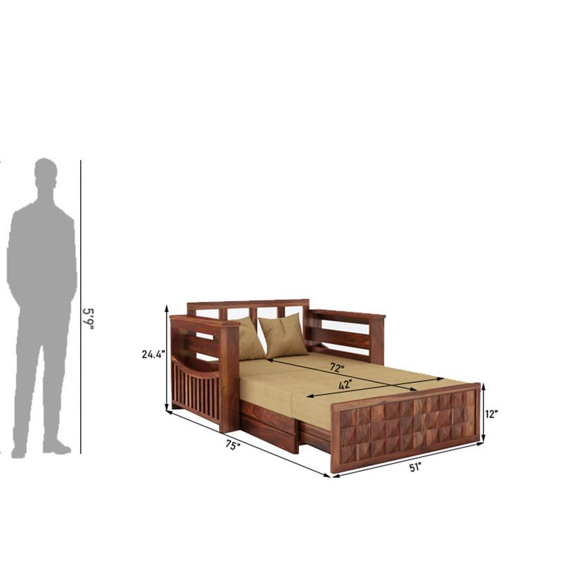 Image of Solid Sheesham Wood 2 Seater Diamond Sofa Cum Bed for Living Room with Storage and Side Pockets Couch Diwan Wooden Bedroom Furniture Two Seater Sofa for Home Hall and Office (Honey Finish)