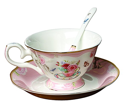 Jusalpha® Vintage Rose Bone China Pink Tea Cup and Saucer Set with Spoon-Coffee Cup-Coffee Mug-FLTCS06