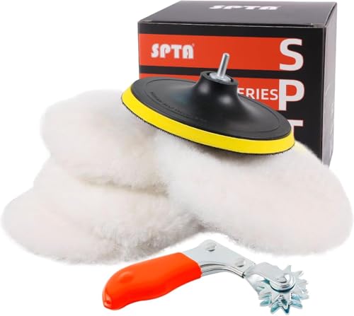 Wool Buffing Polishing Pad SPTA 6Pcs 6 Inch (150mm) Lambwool Wool polishing Pads with Pad Clean Tool Kit with Hook & Loop 5/8-11 Thread Drill Adapter for Car Polishing and Buffing -A1055S6M58