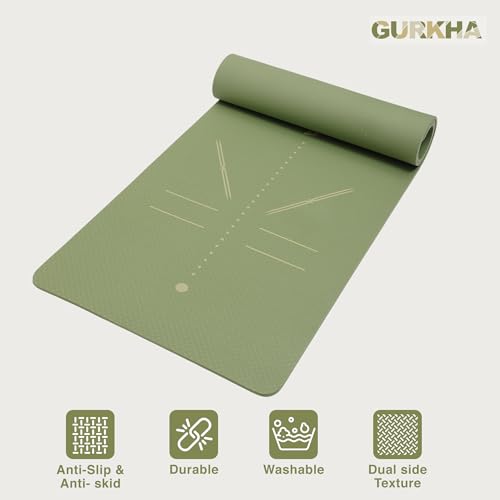 Image of GURKHA 8mm AlignFlow TPE Alignment Yoga Mat + Carry Bag | Extra-Cushioned Non-Slip Performance Mat for Yoga, Pilates, HIIT & Home Workouts | Durable Fitness Mat for Men Women - Deep Forest | 6X2 ft