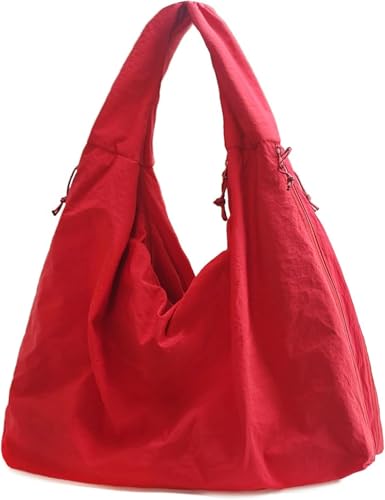 ALANTOP Grote nylon hobo-schoudertas voor dames, lichtgewicht halve maan draagtas met ritssluiting, waterbestendige casual handtas voor reizen, winkelen en dagelijks gebruik, Rood
